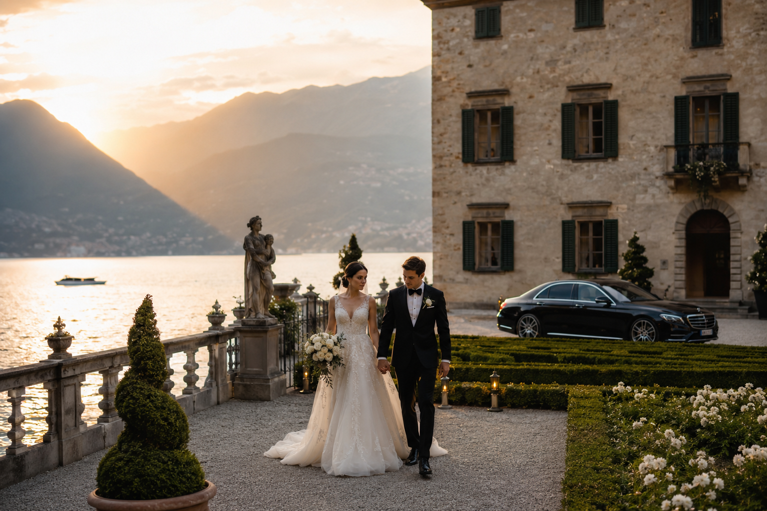 Luxury destination wedding at Villa Balbiano on Lake Como with private chauffeur service