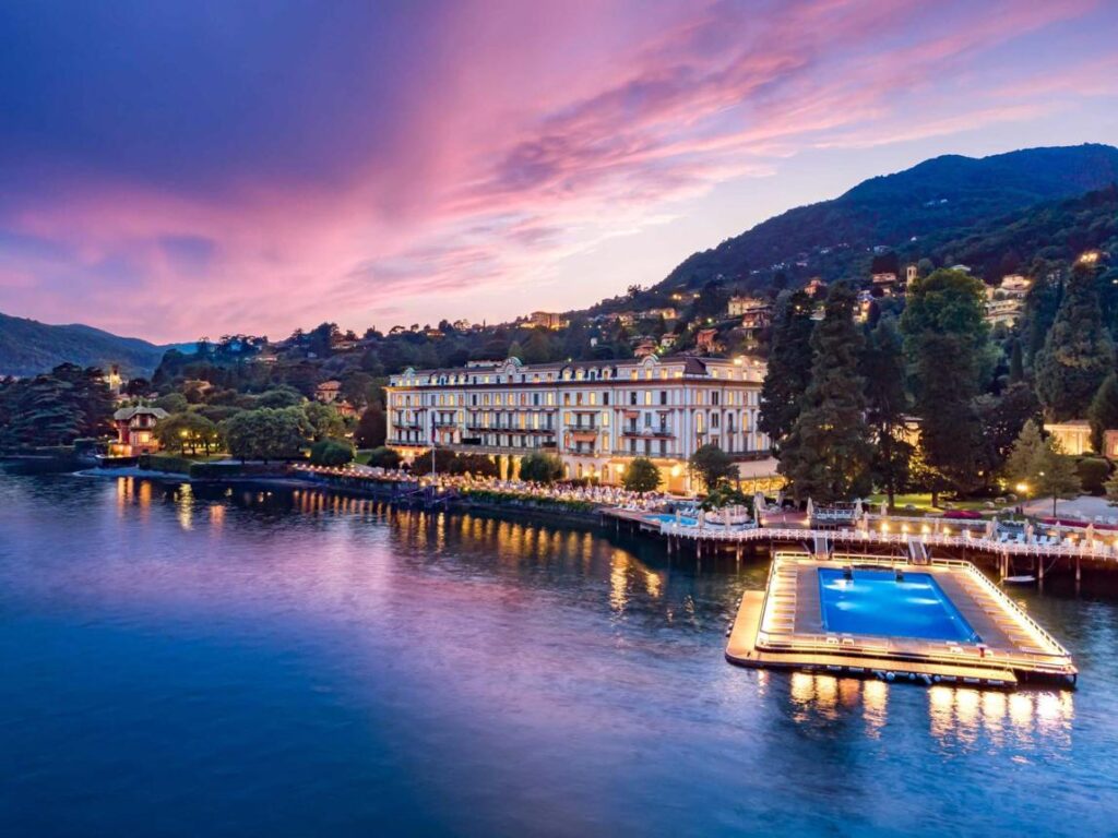 The iconic floating swimming pool of Villa d'Este overlooking Lake Como in Cernobbio.