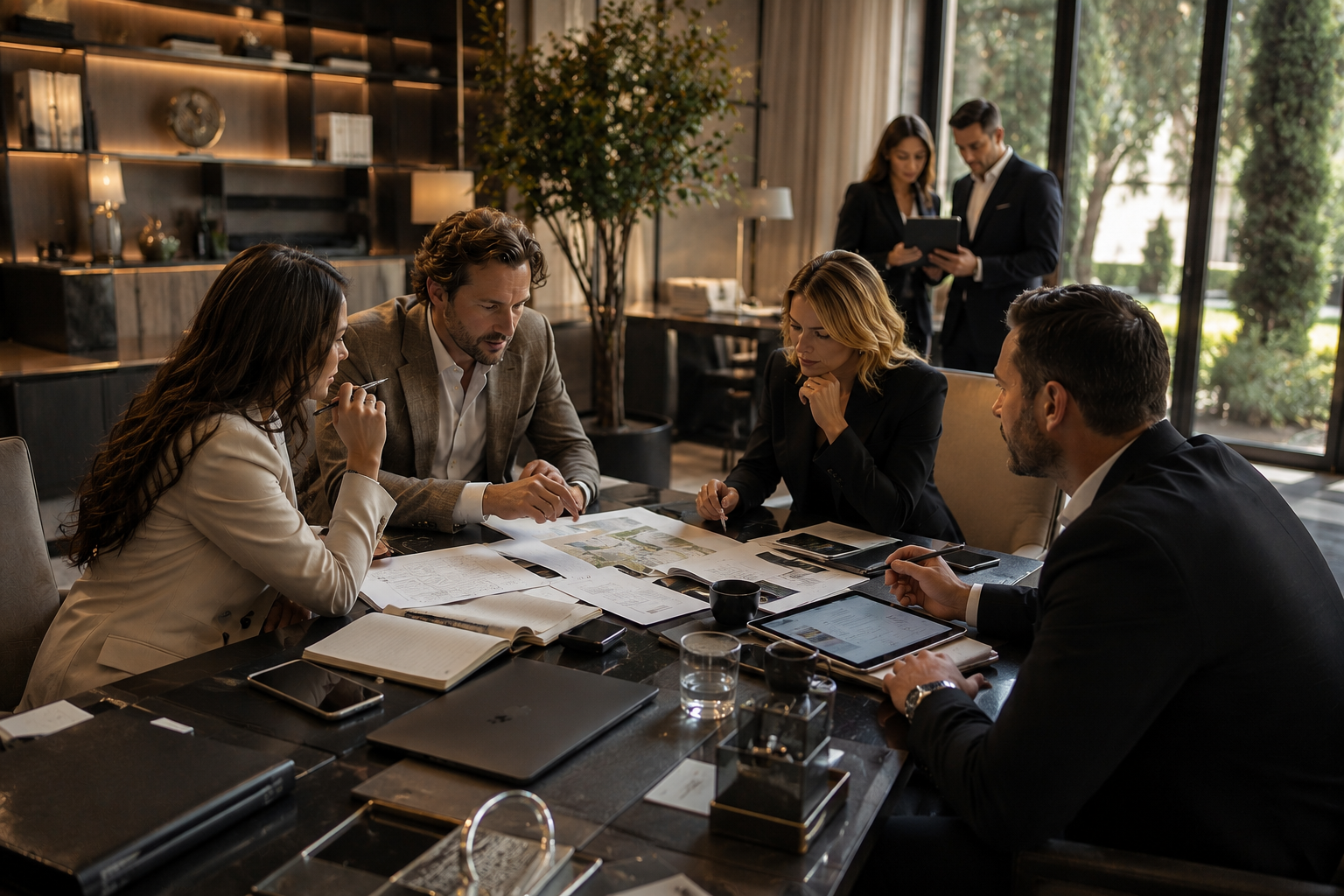 Luxury destination management team planning bespoke travel itineraries, concierge services and chauffeur logistics in Northern Italy.