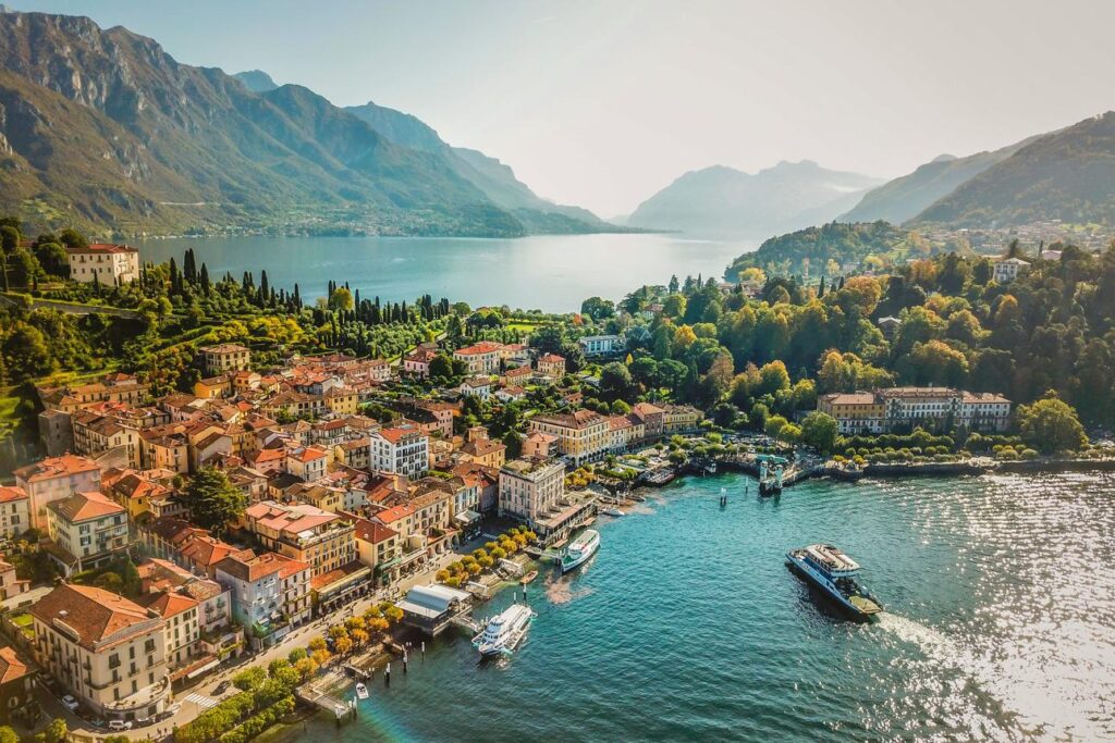 Panoramic view of Bellagio on Lake Como served by MC Eurodriver's luxury chauffeur and private transfer services.