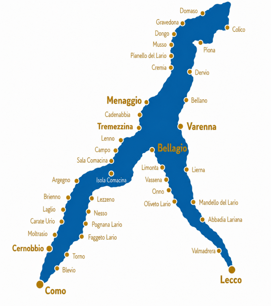 Map of Lake Como showing the main destinations served by MC Eurodriver including Como, Cernobbio, Bellagio, Menaggio, Tremezzina, Varenna and Lecco.