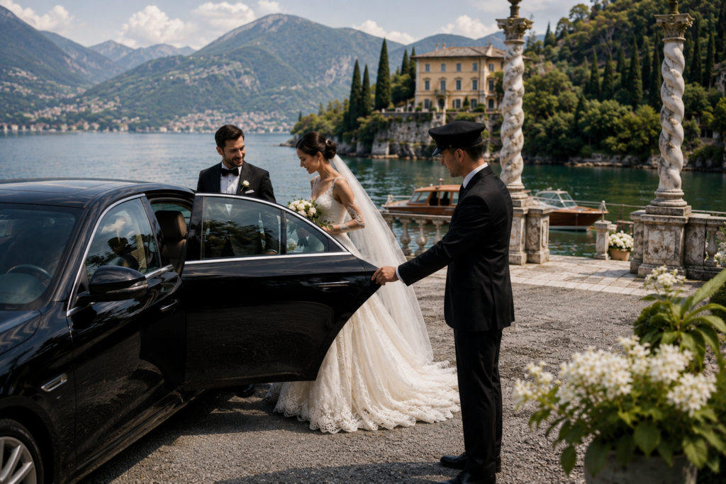Luxury wedding transportation on Lake Como with chauffeur assisting the bride and groom outside an exclusive lakeside wedding venue.