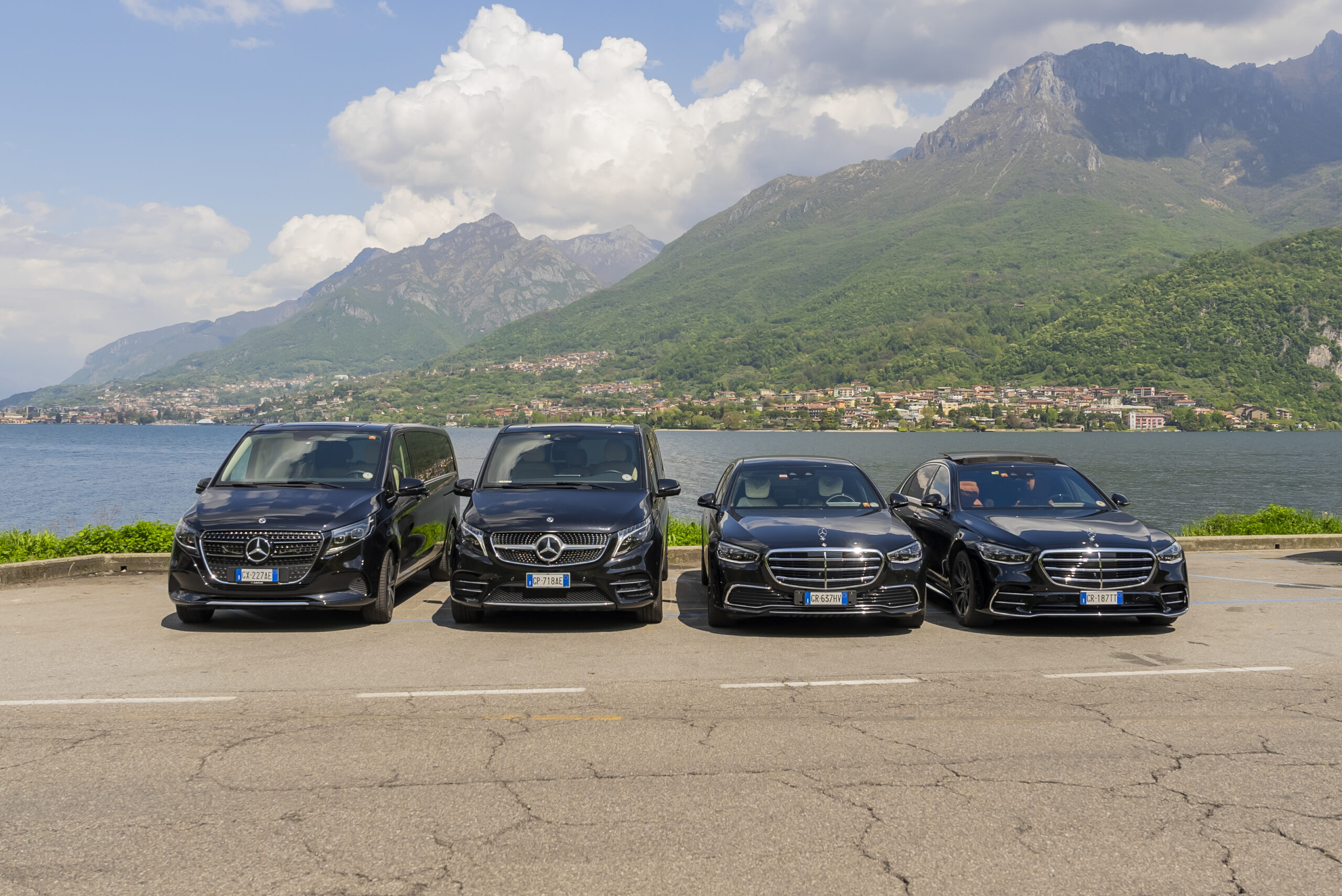 Luxury ground transportation fleet by MC Eurodriver featuring Mercedes-Benz S-Class and V-Class on Lake Como, providing premium chauffeur services across Northern Italy.