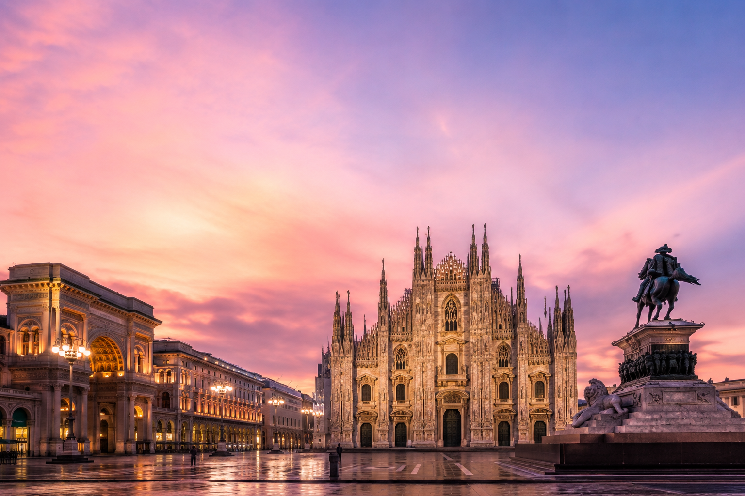 Duomo di Milano at sunset, the iconic cathedral of Milan and the heart of MC Eurodriver's luxury chauffeur service in Milan.
