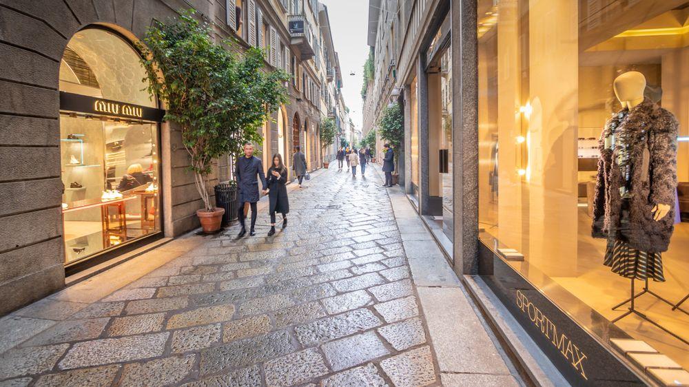 Via Montenapoleone in Milan's Fashion District, Italy's premier luxury shopping destination served by MC Eurodriver's luxury chauffeur service.