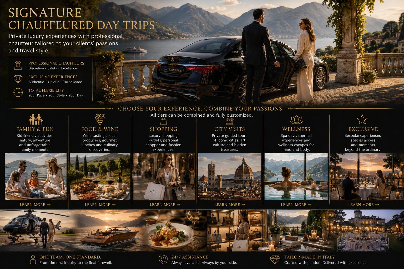Signature chauffeured day trips across Northern Italy featuring private chauffeur, luxury family experiences, food and wine tours, shopping, city visits, wellness retreats and exclusive bespoke travel experiences.