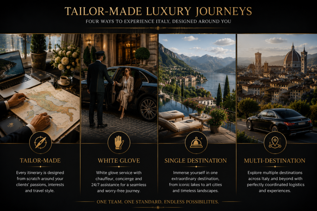 Tailor-made luxury journeys across Italy featuring bespoke travel planning, white glove service, single-destination luxury stays and multi-destination itineraries with destination management and private chauffeur.