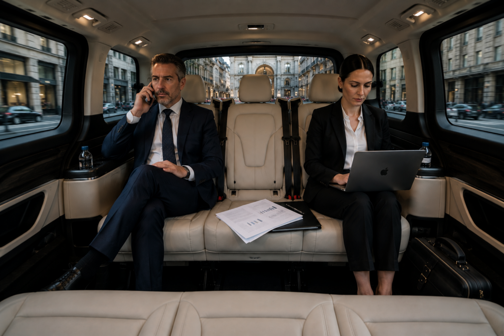 Corporate executives travelling with a private chauffeur service in Milan, working inside an executive vehicle.