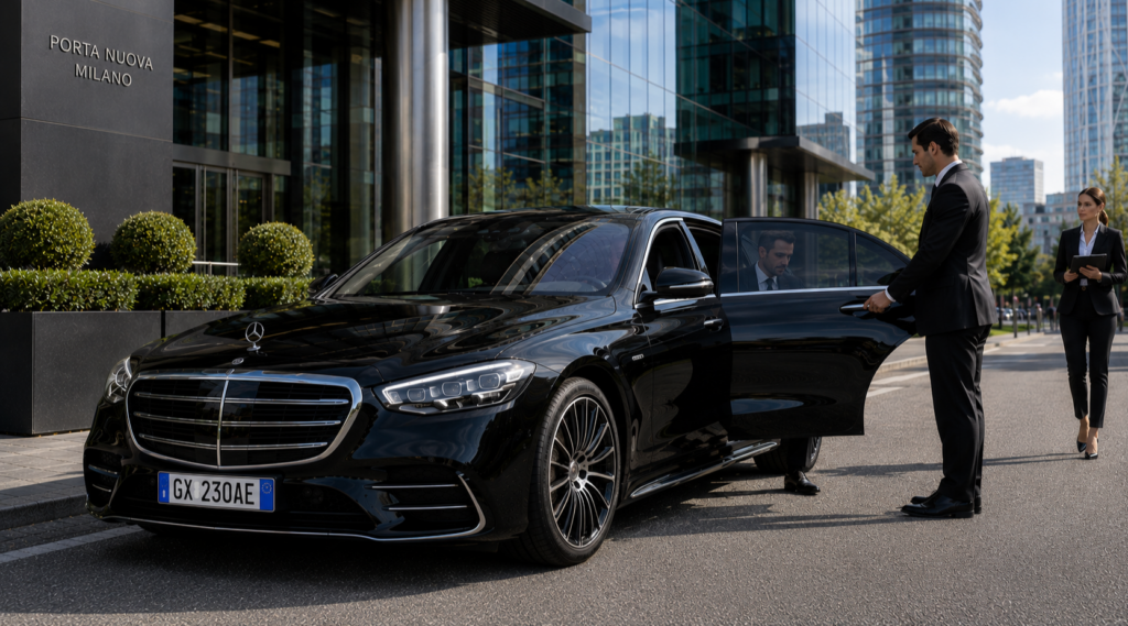 Corporate chauffeur service in Milan with Mercedes-Benz S-Class for executives and business travellers.