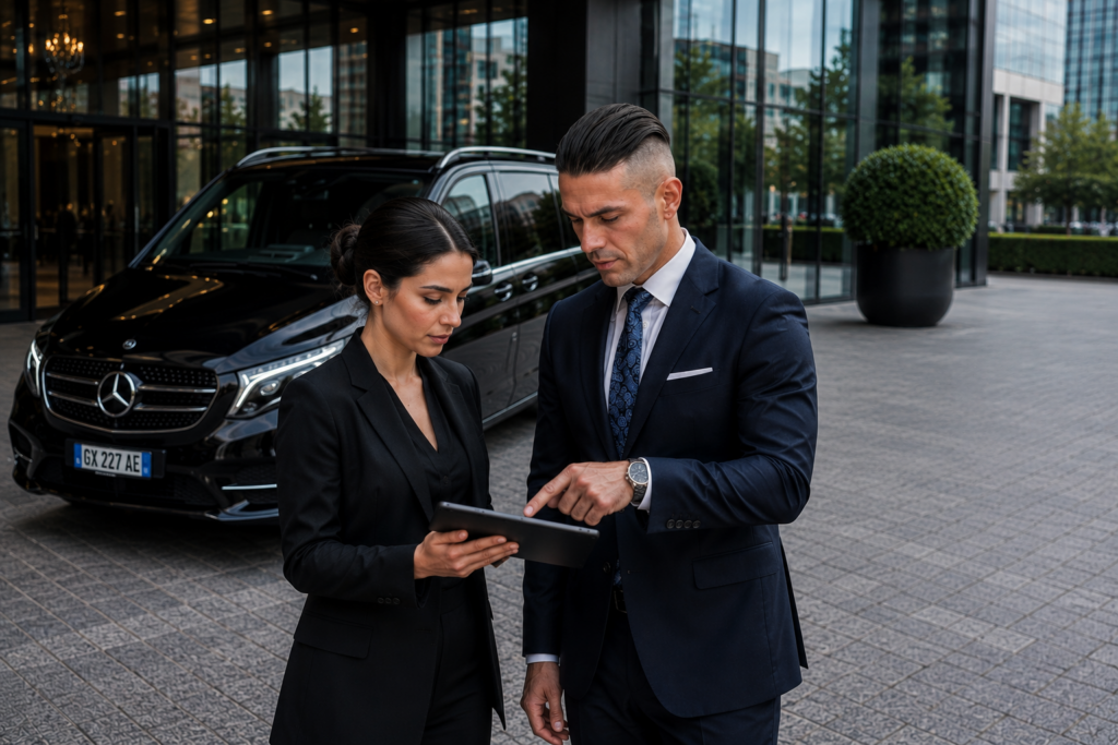 Corporate transportation coordination in Milan with executive assistant and MC Eurodriver chauffeur beside a Mercedes-Benz V-Class.