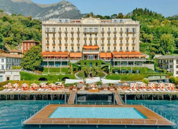 The iconic floating pool at Grand Hotel Tremezzo overlooking Bellagio and Lake Como.